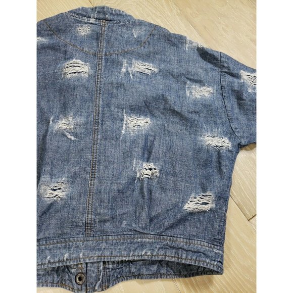 Free People Jean Jacket Women's LARGE Cotton Bomber Full Zipper Snap Distressed - Picture 9 of 10
